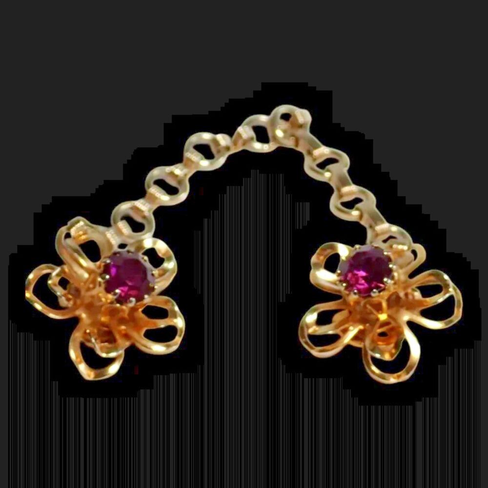 AUSTRIA Amythist Crystal Gold Tone Floral Clip On Earrings with Fur Clip Chain